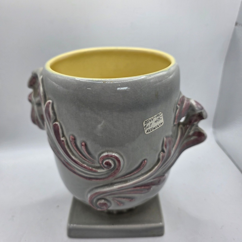 Vintage Red Wing Pottery #1107 Pedestal Vase Gray Yellow Purple Acanthus USA